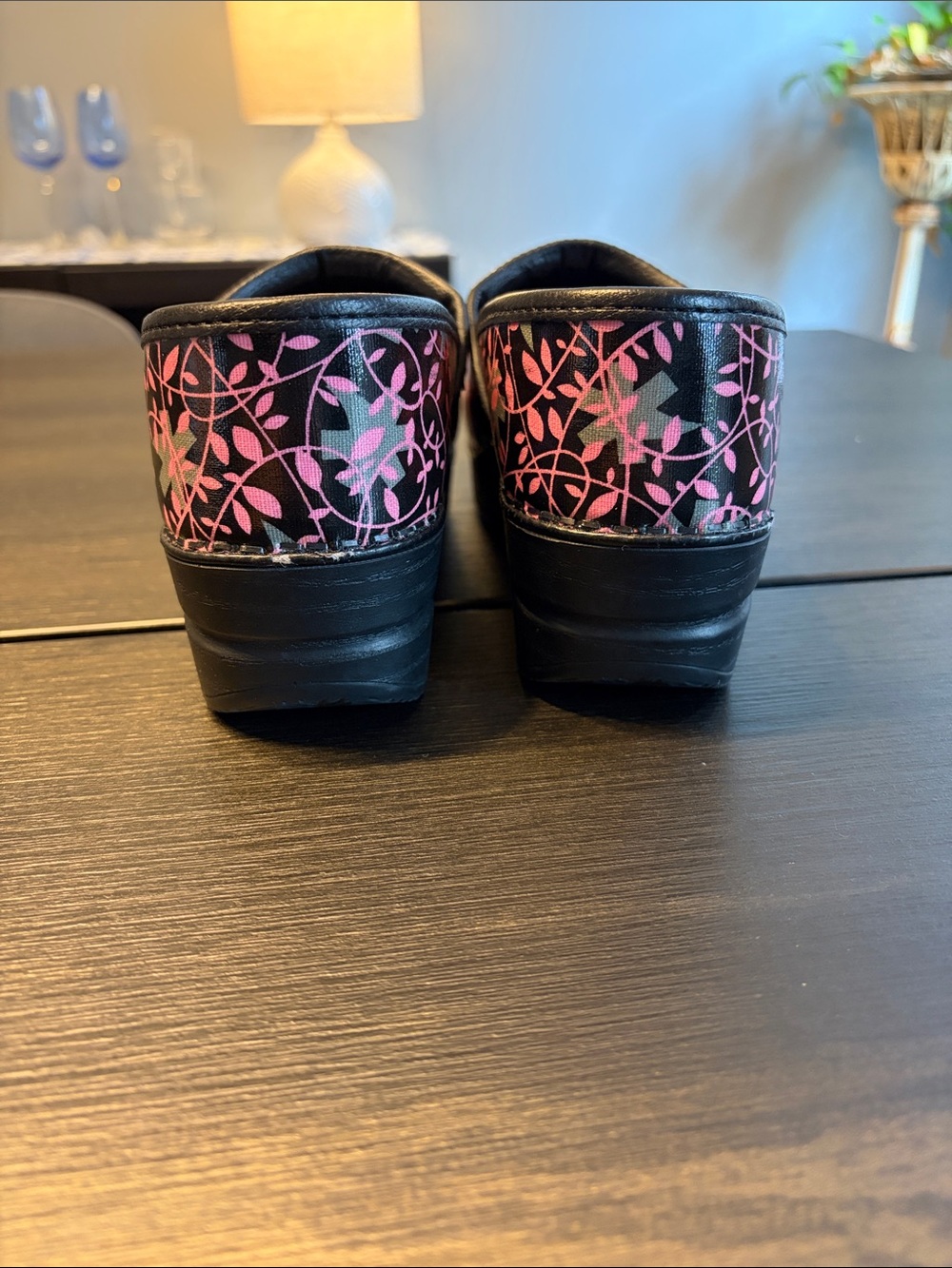 Dansko Vegan Clogs in Black with Pink Floral Pattern - Picture 3 of 7